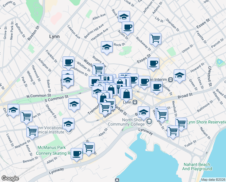 map of restaurants, bars, coffee shops, grocery stores, and more near 52 Andrew Street in Lynn