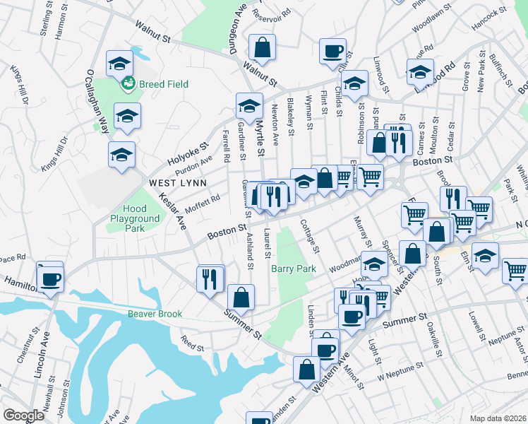 map of restaurants, bars, coffee shops, grocery stores, and more near 616R Boston Street in Lynn