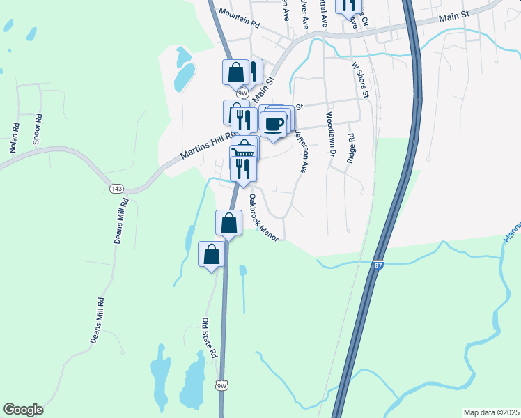 map of restaurants, bars, coffee shops, grocery stores, and more near Oakbrook Manor in Ravena