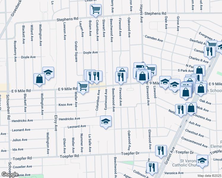 map of restaurants, bars, coffee shops, grocery stores, and more near 22401 Beechwood Avenue in Eastpointe