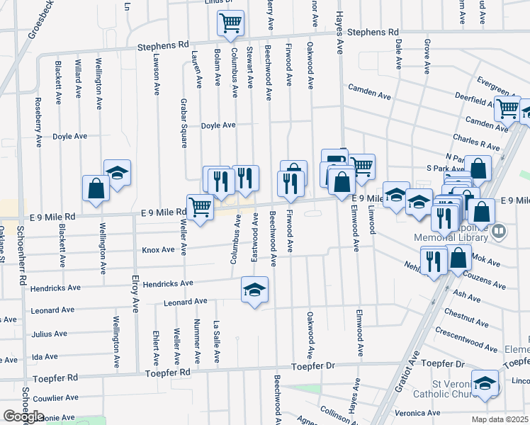 map of restaurants, bars, coffee shops, grocery stores, and more near 22401 Beechwood Avenue in Eastpointe