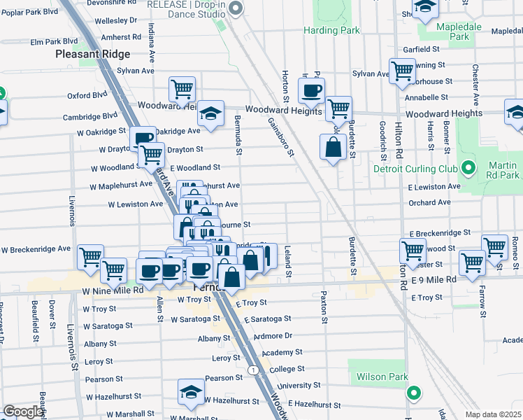 map of restaurants, bars, coffee shops, grocery stores, and more near 371 East Cambourne Street in Ferndale