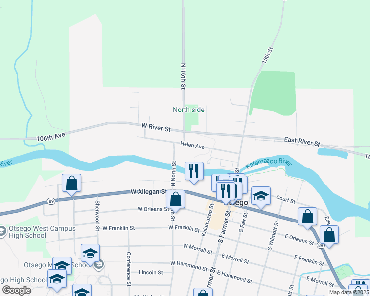 map of restaurants, bars, coffee shops, grocery stores, and more near 248 North North Street in Otsego