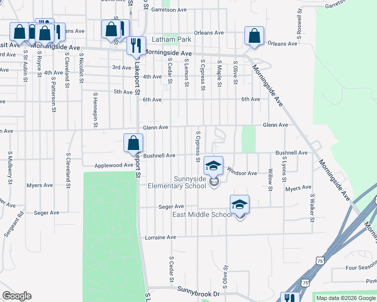 map of restaurants, bars, coffee shops, grocery stores, and more near 2610 South Lemon Street in Sioux City