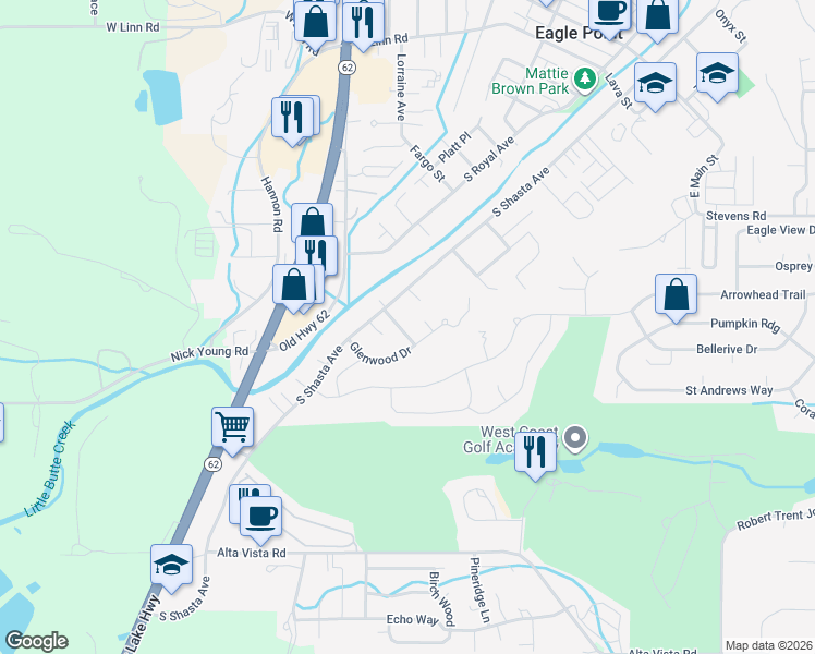 map of restaurants, bars, coffee shops, grocery stores, and more near 125 Aberdeen Lane in Eagle Point