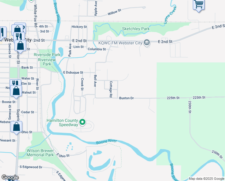 map of restaurants, bars, coffee shops, grocery stores, and more near 1200 Cottage Road in Webster City