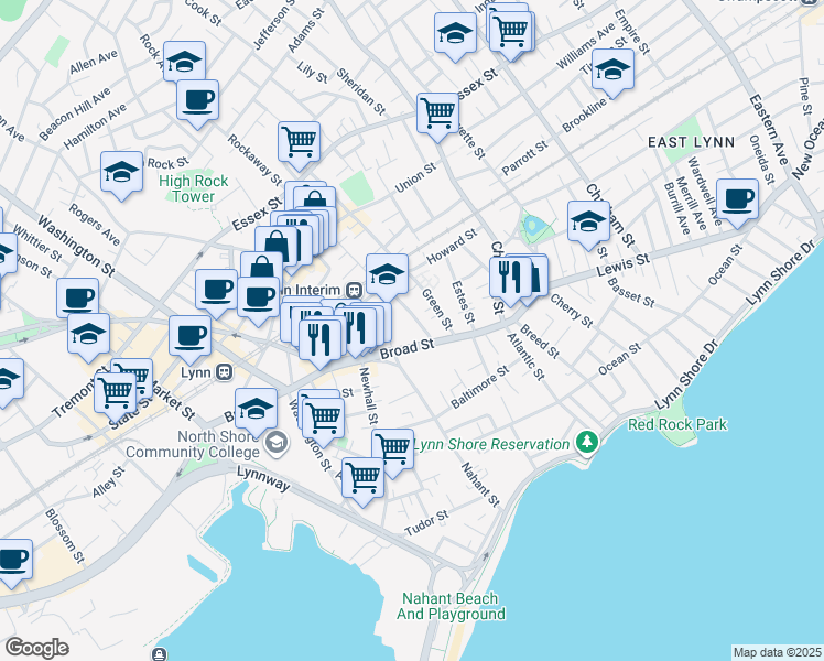 map of restaurants, bars, coffee shops, grocery stores, and more near 72 Broad Street in Lynn