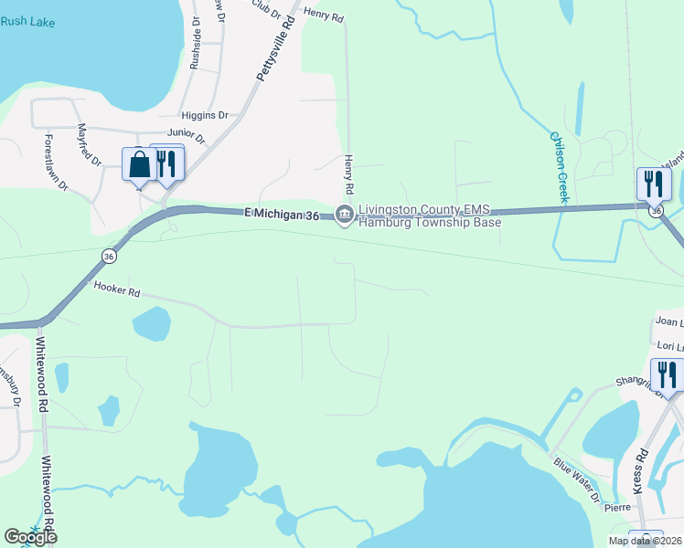 map of restaurants, bars, coffee shops, grocery stores, and more near 3825 Hooker Road in Pinckney