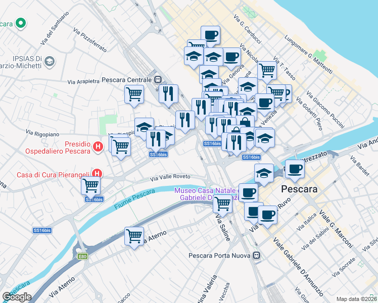 map of restaurants, bars, coffee shops, grocery stores, and more near Via Maiella in Pescara