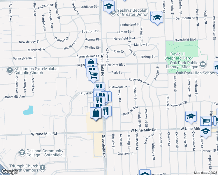 map of restaurants, bars, coffee shops, grocery stores, and more near 28937 Oakwood Drive in Oak Park