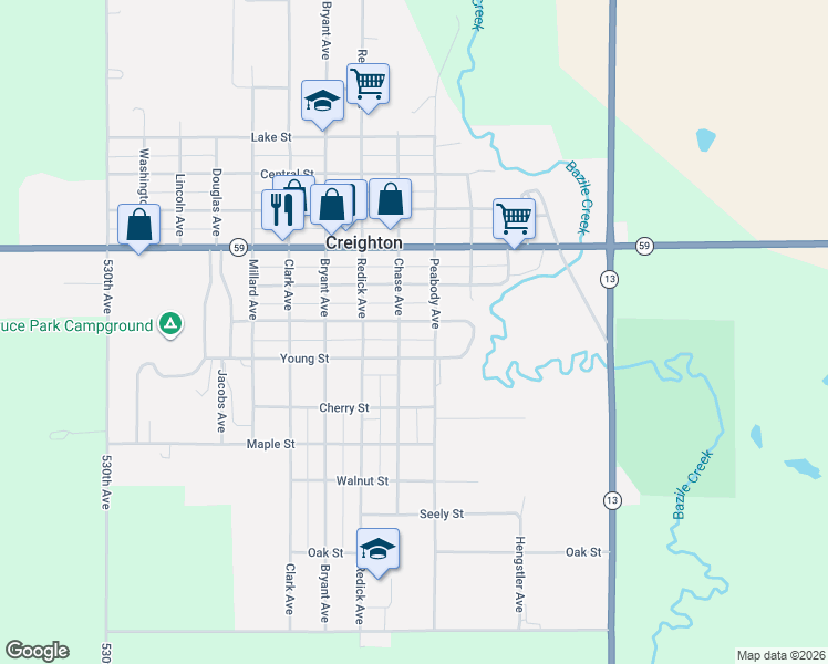 map of restaurants, bars, coffee shops, grocery stores, and more near Peabody Avenue in Creighton