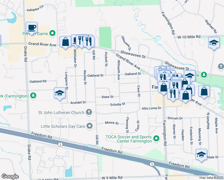 map of restaurants, bars, coffee shops, grocery stores, and more near 34106 Cortland Street in Farmington