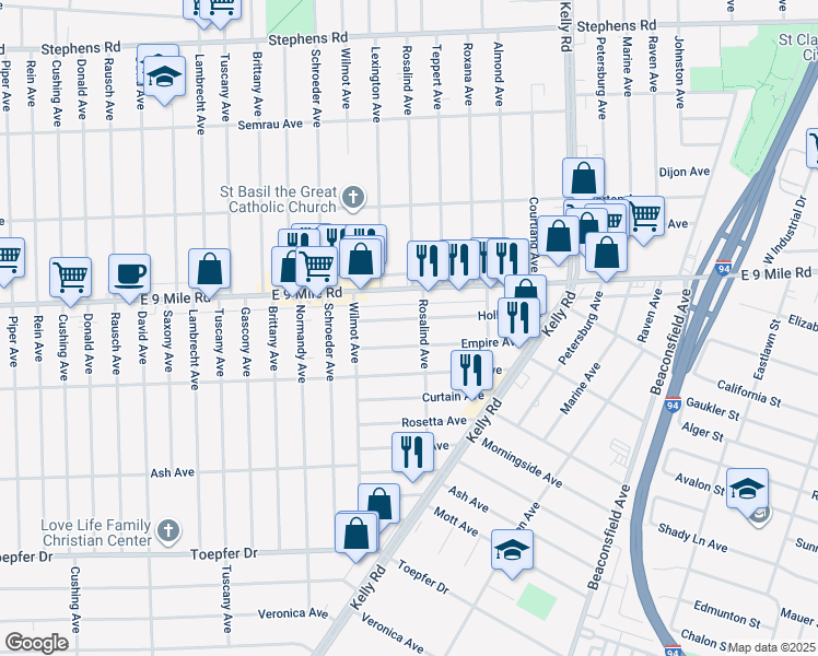 map of restaurants, bars, coffee shops, grocery stores, and more near 18100 Holland Avenue in Eastpointe