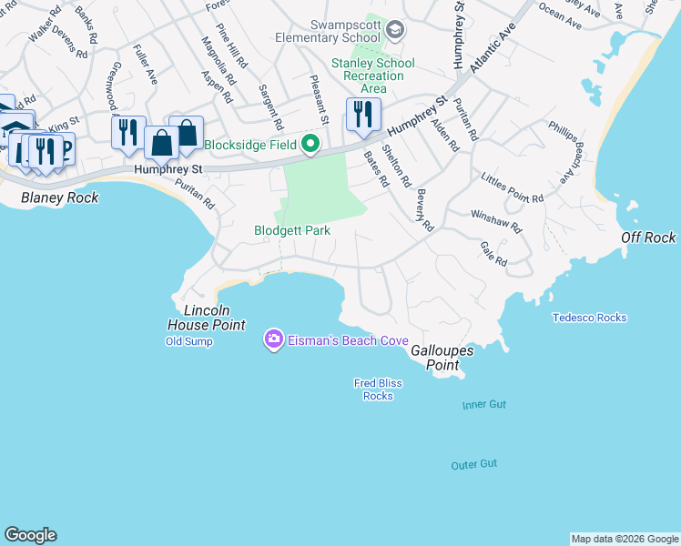 map of restaurants, bars, coffee shops, grocery stores, and more near 273 Puritan Road in Swampscott