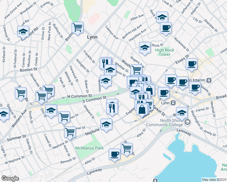 map of restaurants, bars, coffee shops, grocery stores, and more near 25 North Common Street in Lynn