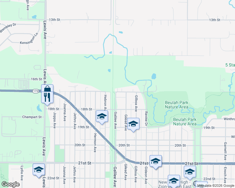 map of restaurants, bars, coffee shops, grocery stores, and more near 1701 Galilee Avenue in Zion