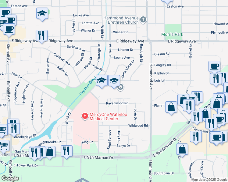 map of restaurants, bars, coffee shops, grocery stores, and more near 3231 West 9th Street in Waterloo