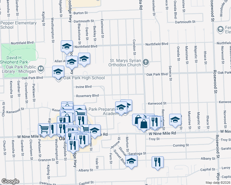 map of restaurants, bars, coffee shops, grocery stores, and more near 13030 Rosemary Boulevard in Oak Park
