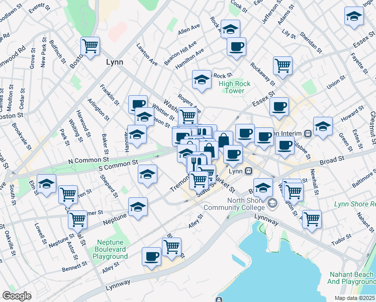 map of restaurants, bars, coffee shops, grocery stores, and more near 53 Market Street in Lynn