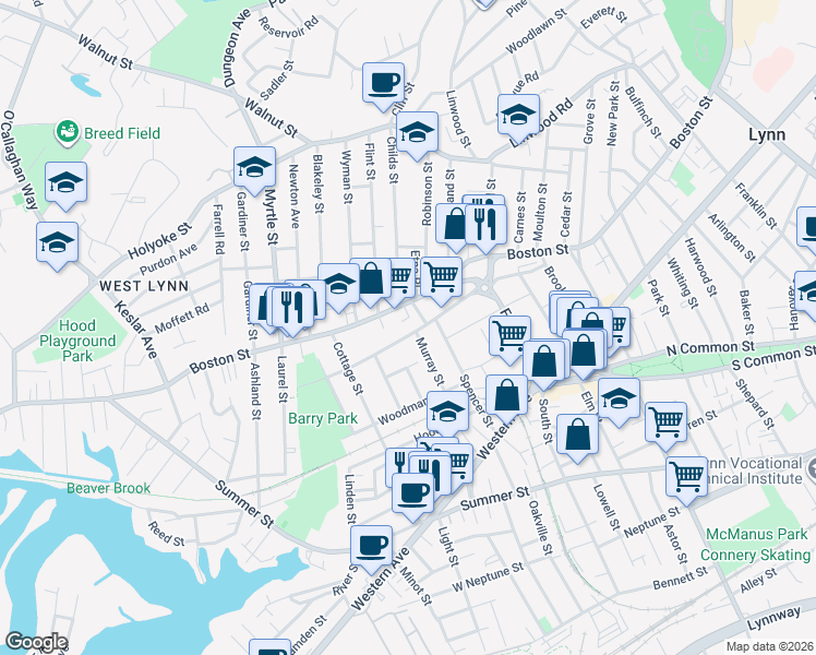 map of restaurants, bars, coffee shops, grocery stores, and more near 2A Fuller Street Court in Lynn