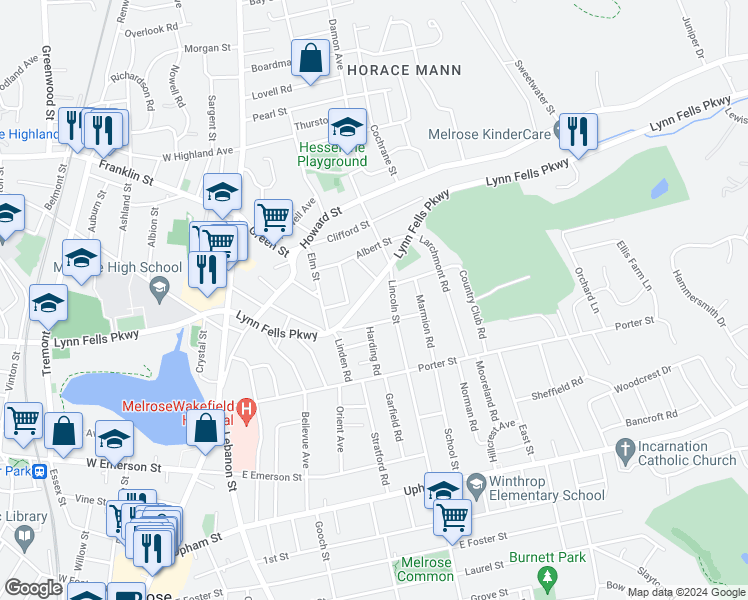 map of restaurants, bars, coffee shops, grocery stores, and more near 647 Lynn Fells Parkway in Melrose
