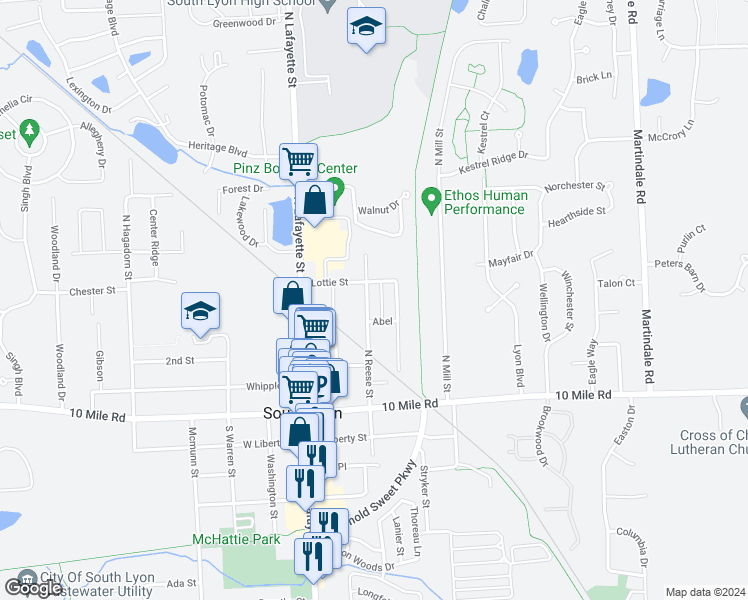map of restaurants, bars, coffee shops, grocery stores, and more near 426 North Reese Street in South Lyon
