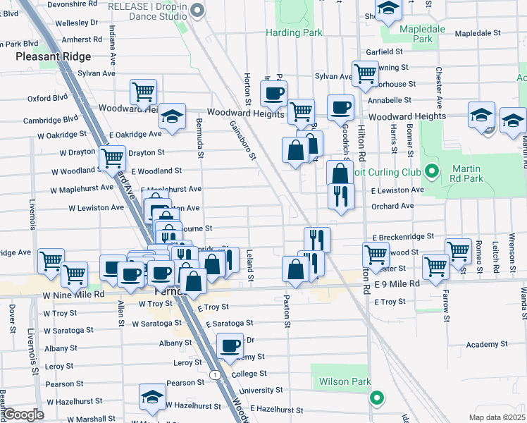 map of restaurants, bars, coffee shops, grocery stores, and more near 590 East Lewiston Avenue in Ferndale
