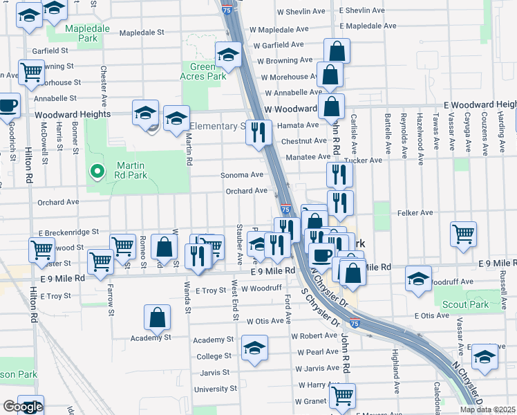 map of restaurants, bars, coffee shops, grocery stores, and more near 23314 Powell Avenue in Hazel Park