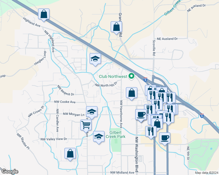 map of restaurants, bars, coffee shops, grocery stores, and more near 169 Northwest Blossom Drive in Grants Pass