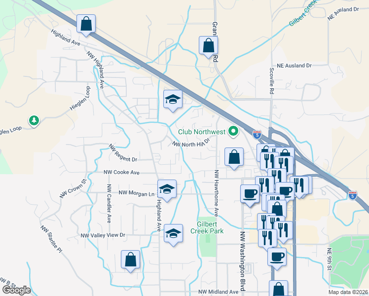 map of restaurants, bars, coffee shops, grocery stores, and more near 231 Northwest Blossom Drive in Grants Pass