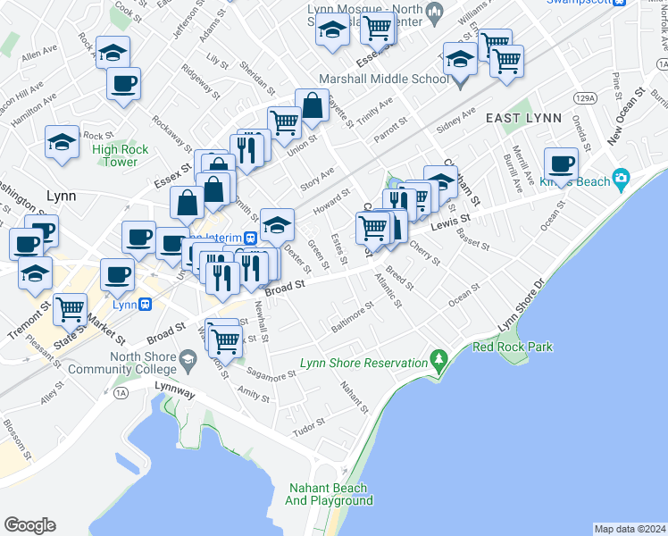 map of restaurants, bars, coffee shops, grocery stores, and more near 40 Broad Street in Lynn