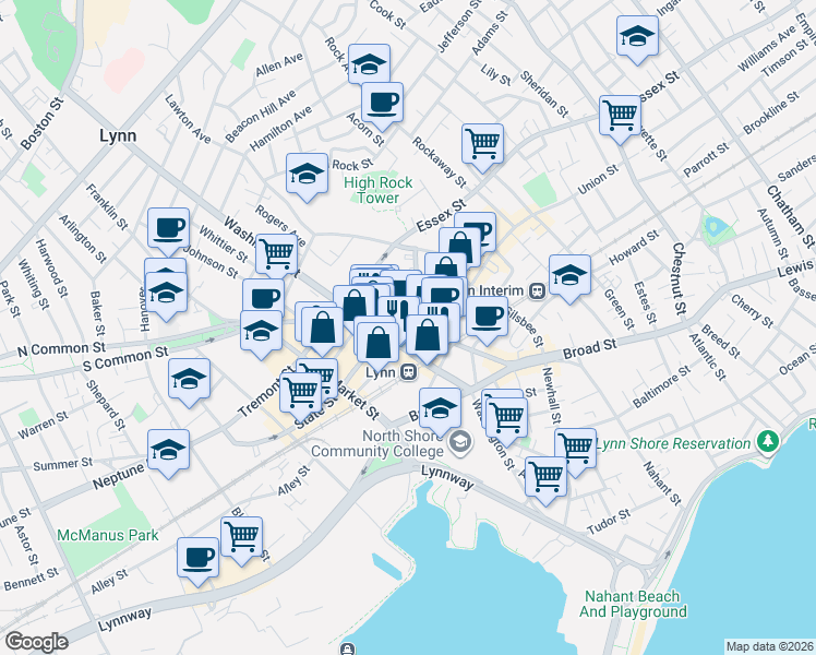 map of restaurants, bars, coffee shops, grocery stores, and more near 491 Washington Street in Lynn