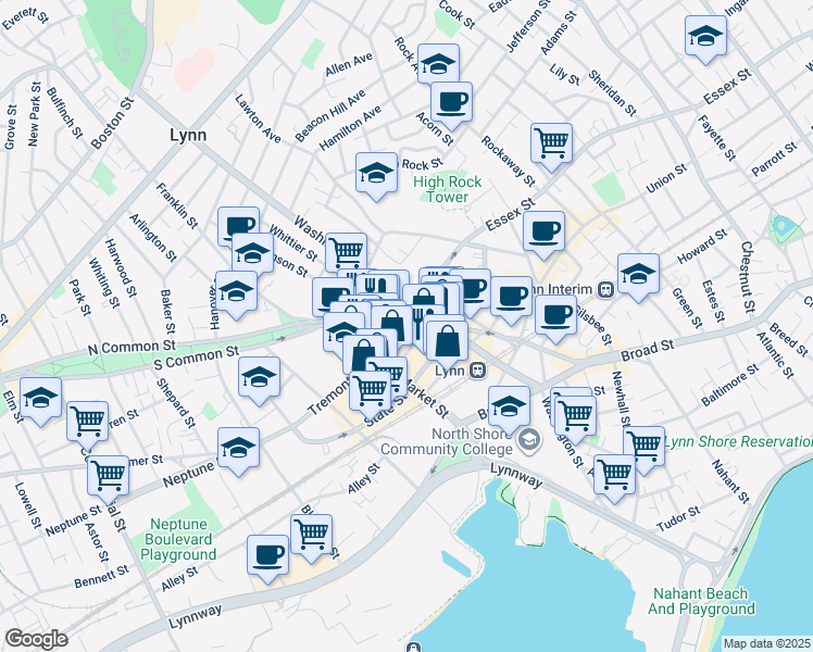 map of restaurants, bars, coffee shops, grocery stores, and more near 52 Andrew Street in Lynn