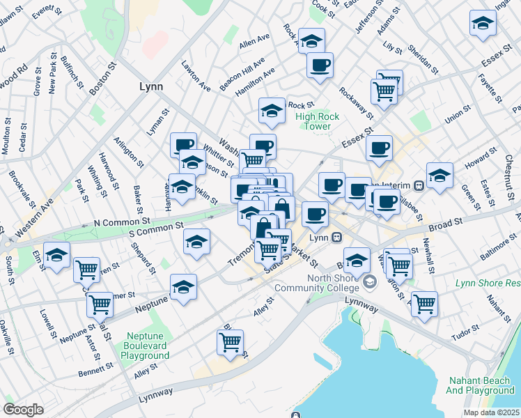 map of restaurants, bars, coffee shops, grocery stores, and more near 53 Market Street in Lynn