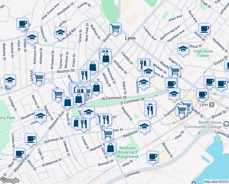map of restaurants, bars, coffee shops, grocery stores, and more near 117 North Common Street in Lynn