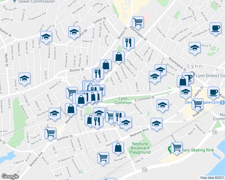 map of restaurants, bars, coffee shops, grocery stores, and more near in Lynn