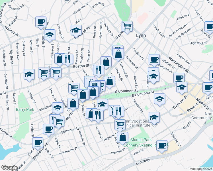 map of restaurants, bars, coffee shops, grocery stores, and more near 177 North Common Street in Lynn