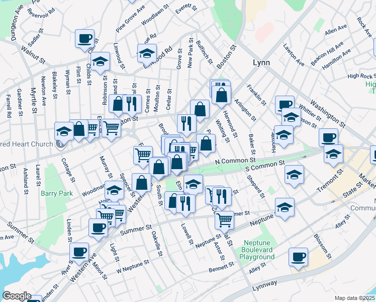 map of restaurants, bars, coffee shops, grocery stores, and more near 676 Massachusetts 107 in Lynn