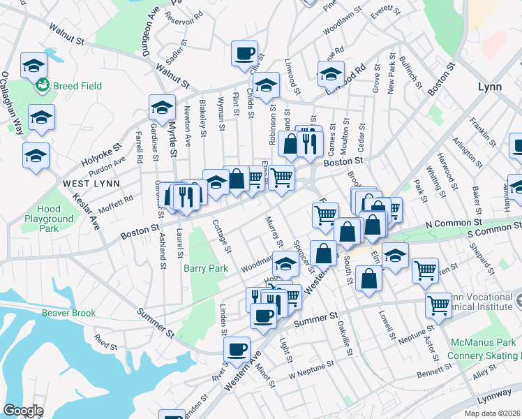 map of restaurants, bars, coffee shops, grocery stores, and more near 2A Fuller Street Court in Lynn