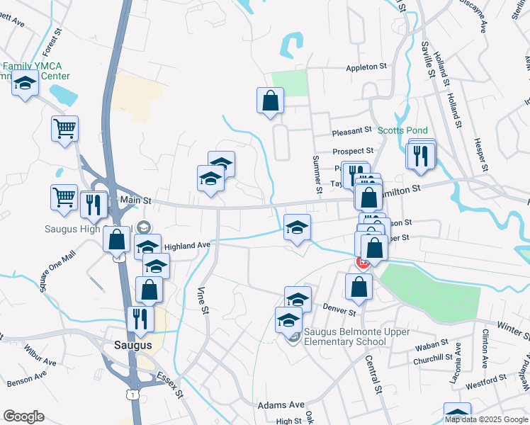 map of restaurants, bars, coffee shops, grocery stores, and more near 3 McNaught Lane in Saugus