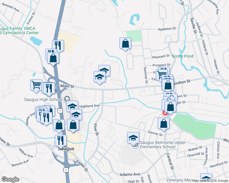 map of restaurants, bars, coffee shops, grocery stores, and more near 11 Franklin Street in Saugus