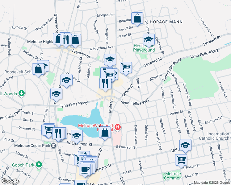 map of restaurants, bars, coffee shops, grocery stores, and more near 515 Lynn Fells Parkway in Melrose