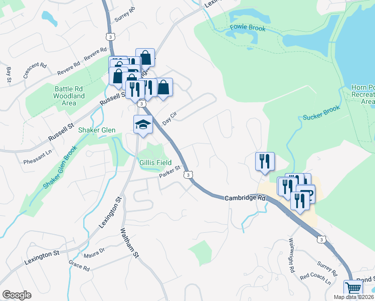 map of restaurants, bars, coffee shops, grocery stores, and more near 230 Cambridge Road in Woburn
