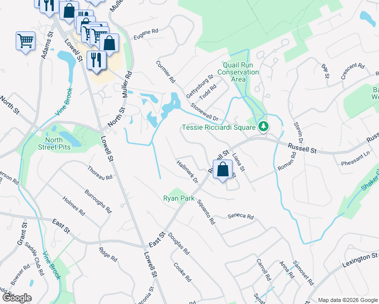 map of restaurants, bars, coffee shops, grocery stores, and more near 8 Kensington Avenue in Woburn