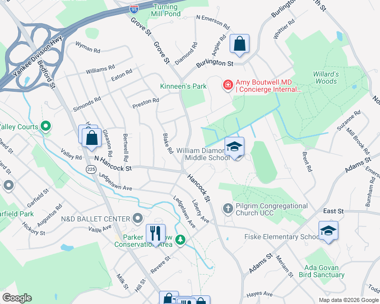 map of restaurants, bars, coffee shops, grocery stores, and more near 9 Burlington Street in Lexington