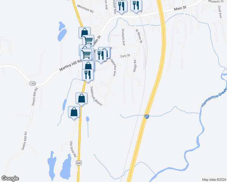 map of restaurants, bars, coffee shops, grocery stores, and more near 87 Woodlawn Drive in Ravena