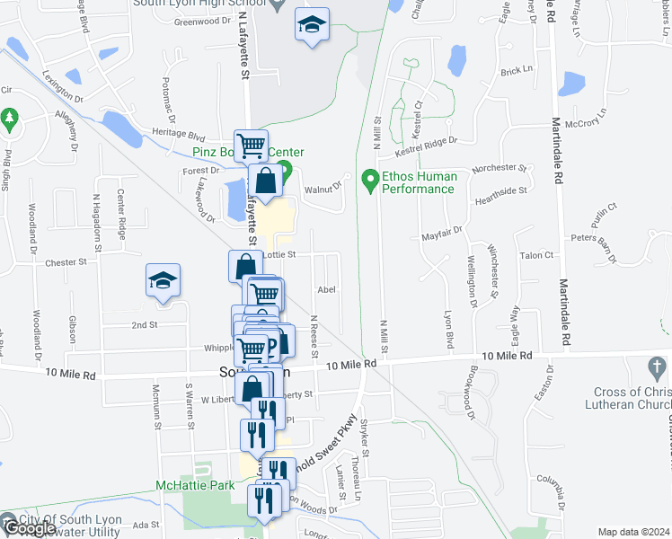 map of restaurants, bars, coffee shops, grocery stores, and more near 402 Donovan Street in South Lyon