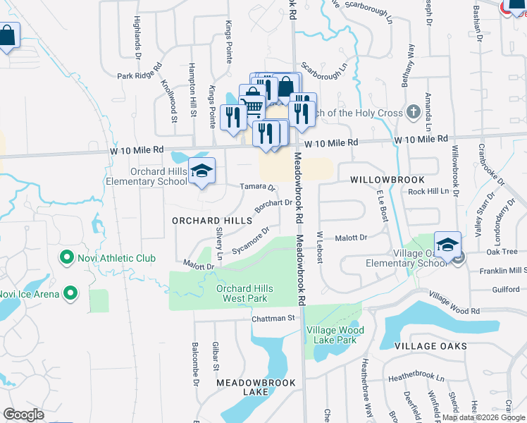 map of restaurants, bars, coffee shops, grocery stores, and more near 41642 Sycamore Drive in Novi