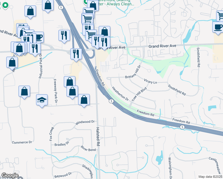 map of restaurants, bars, coffee shops, grocery stores, and more near 36915 Heatherton Drive in Farmington