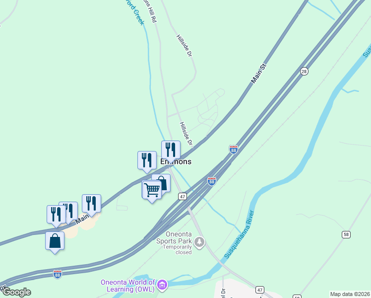 map of restaurants, bars, coffee shops, grocery stores, and more near 5646-5666 Main Street in Oneonta